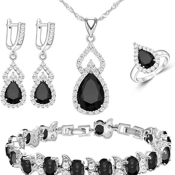 Women Jewelry Set Platinum Plated Necklace Open Ring Earrings Bracelet Set - Picture 1 of 3